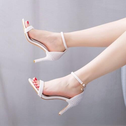 Crystal Queen Women Gladiator Sandals Sexy White String Bead High Heels Summer Party Dress Shoes Buckles Pumps Size 42