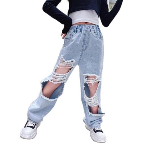 Spring Teen Girls Jeans Ripped Blue Denim Trousers Broken Holes High Waist Wide Leg Pants Summer 5-14 Yrs School Childrens Wear