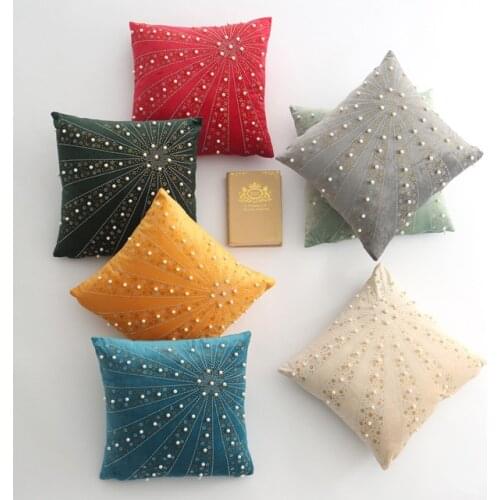 Hot Drilling Pearl Pillow Cover Beige Yellow Green Grey Velvet Cushion Cover Home Decorative PillowCase PillowSham 45cmx45