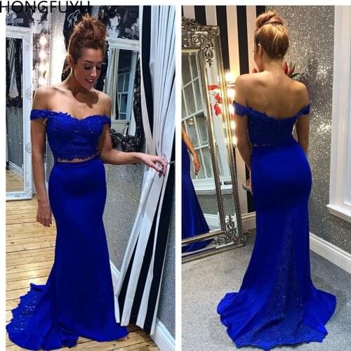 HONGFUYU Sexy Royal Blue Evening Dresses Long vestidos de fiesta Off the Shoulder Lace robe de soiree Prom Dress Two Pieces