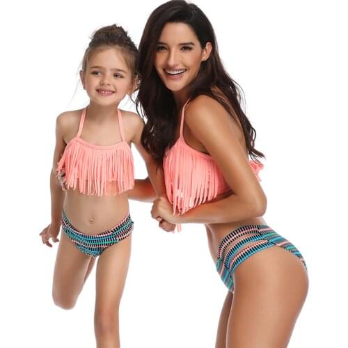 Tassel Two Pieces Cute Bikini Family Matching Outfits Babay Kids Children Girl adult Swimwear Bathing Female Swimsuit for Girls