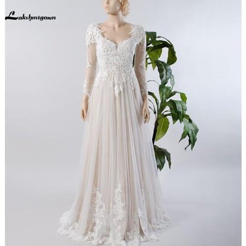 Lakshmigown Lace A Line Wedding Dresses Long Sleeve Lace Appliques Sweep Train Tulle Bridal Gown vestido de novia