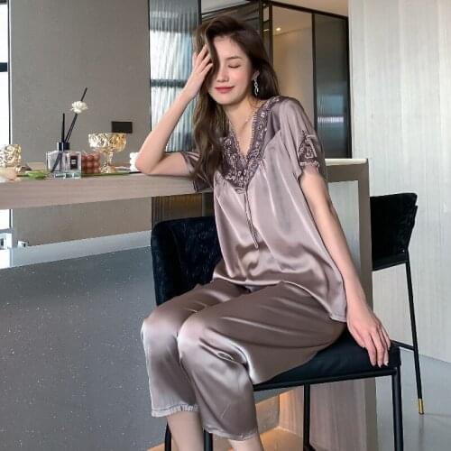 Summer Short Sleeve Calf-Length Pants Pajamas Suit Women Plus Size L-3XL 2PCS Pijama Lace Bow Trim Home Wear Faux Silk Sleepwear