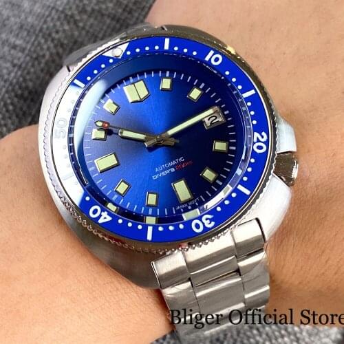 BLIGER Diving Blue NH35A 41mm Men Watch C3 Green Luminous Dial 200M Waterproof Steel Bracelet Sapphire Crystal Chapter Ring