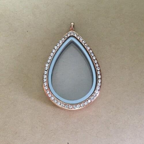 New Rose Gold Water Drop Floating Glass Living Memory Locket Stainless Steel Magnetic Closure Locket Pendant DIY