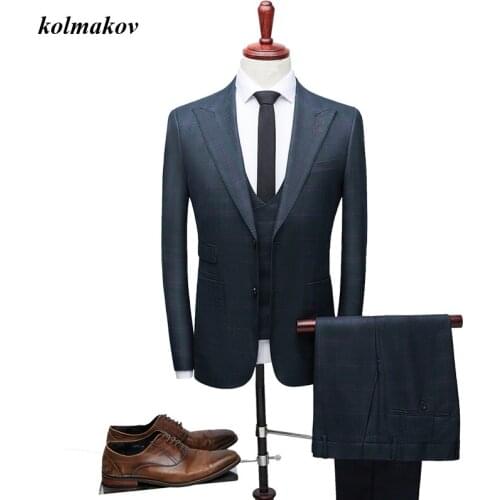 New Arrival Men High-end Suit High-quality Business Casual Two Buttons Grid Formal Blazers Clothes Three-piece Suit Size M-3XL