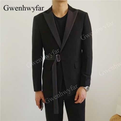 Gwenhwyfar 2020 New Black color Mens Wedding Suit with Dark grey Velvet Belt and Lapel Slim Fit Young Men Tuxedos 2 Pieces set