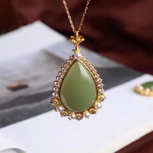 Silver inlaid natural Hetian Jasper Drop Shaped Pendant Necklace luxury palace style unique noble womens brand jewelry