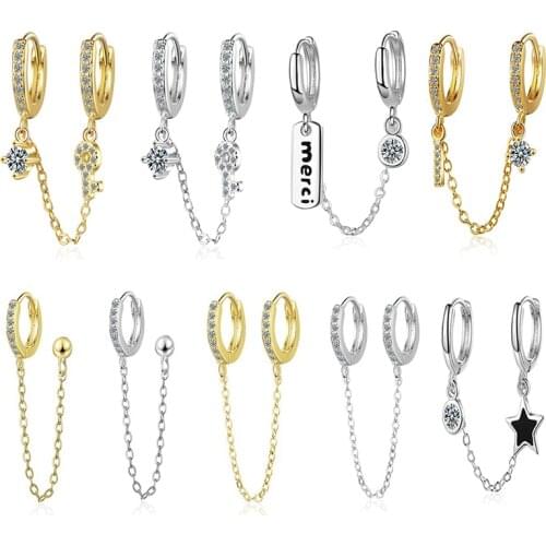 Simple Style Two Ear Hole Piercing Hoop Earrings Chain Tassel Smooth Loops Shiny Bohemia Trendy Earring Jewelry For Women Gifts