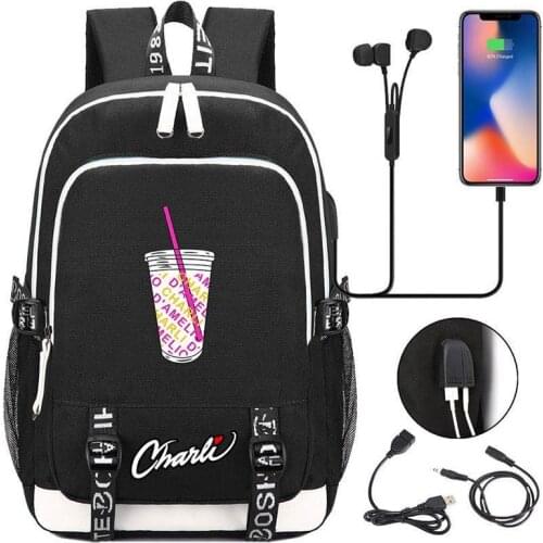 Girls Backpack Fashion Teenager Bookbag Charli D'Amelio Printing Canvas USB Charging Backpacks Laptop School-Bags Travel Female