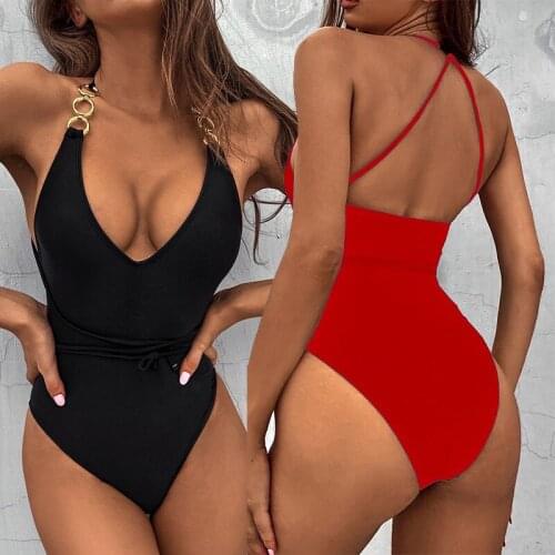 Sexy Chain Decoration V-Neck Cut Out One Piece Swimsuit Women String Bandage High Waisted Bathing Suit Monokini Swimwear Bathers