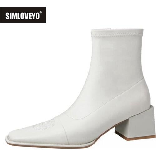 SIMLOVEYO 2021 Flower Brand Luxury Designer Bootas Soft Skin Square Toe Heel White Strength Sock Ankle Bootie Zip Big Size 40