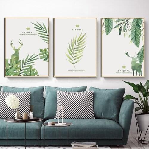 Nordic Spray Color Leaves Canvas Painting Deer Animal Green Plant Posters and Prints Decorative Wall Picture Home Decoration
