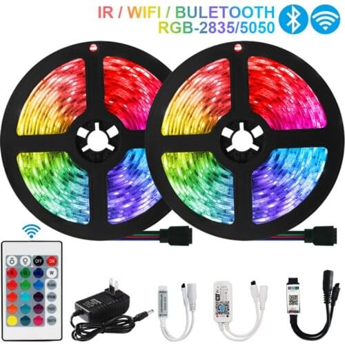 LED Strips Lights Bluetooth Luces Led RGB 5050 SMD 2835 Flexible Waterproof Tape Diode 5M 10M 15M DC 12V Remote Control+Adapter