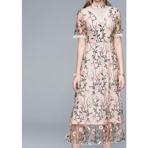 ZAWFL Women Vintage Stand Collar Embroidery Lace Mesh Dress Female New Dress Lady Office Work Party Dresses