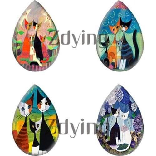 Zdying 10pcs Water Drop Teardrop Glass Cabochon Cartoon Cat Family Photo Beads Jewelry Findings DIY Earrings Necklace Pendant