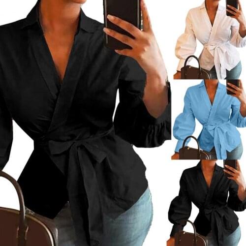 Women Stylish Sexy Shirt V Neck Lantern Sleeve Women Solid Color Irregular Cardigan Top Streetwear Daily