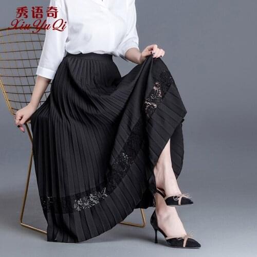 Winter Autumn Lace Skirt Women Fashion Skirts 2020 Korean Elegant Long Pleated Skirt Ladies Vintage Black Faldas 860701