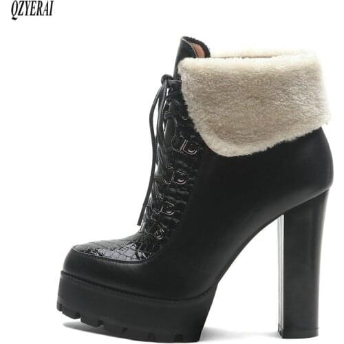 Genuine leather women boots Female boots Lambs wool 12cm High heels black fashion Autumn winter Womens shoes Size 34-42