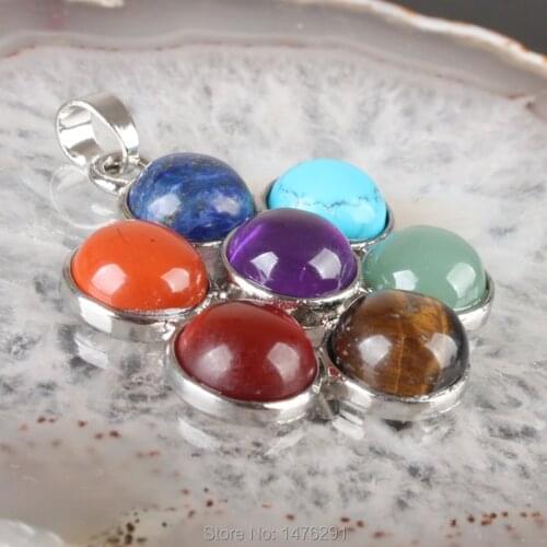 35X35MM Seven Colors Of Stone Carnelian Lapis Crystal Zinc Alloy Flower Pendant 1 PCS(No rope)