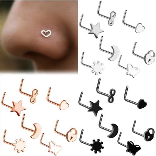 7pcs/lot Stainless Steel Fashion Crystal Heart Multicolor Nose Rings Nose Studs Hooks Body Piercing Jewelry Randomly