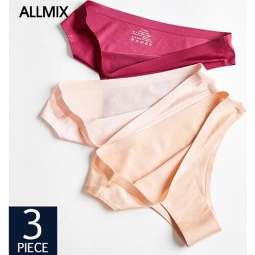 ALLMIX 3Pcs/lot Sexy Womens Seamless T-Back Panties Sets Underwear Comfort Thong G-String Solid Silk Female Tanga Lady Lingerie