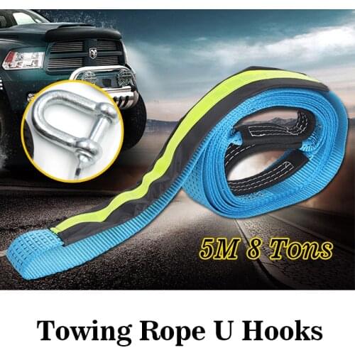 5M 8 Tons Towing Rope Strape Cable With U Hooks Shackle High Strength Nylon With Reflective Light For Car Truck Trailer SUV