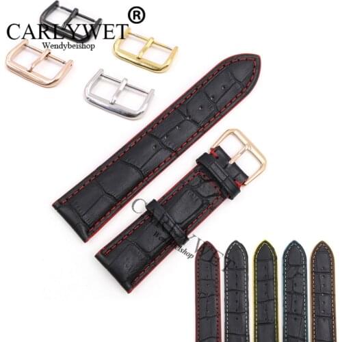 CARLYWET 18 20 22mm Real Leather Black Handmade Stitches Replacement Watch Band Strap Belt Buckle For Omega IWC Breitling Tudor