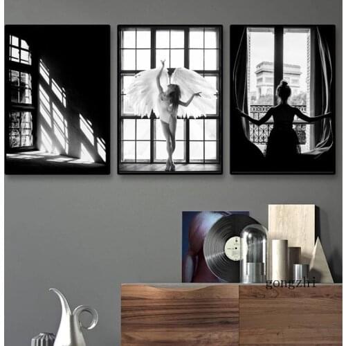 Black White Photography Angel Ballerina Canvas Painting Poster Prints Girl In Window Wall Art Picture for Living Room Home Decor