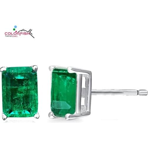 COLORFISHEmerald 5mm x 7mm Simulated Diamond Rectangle Cut Solid 925 Sterling Silver Studs Ear For Women Accessory