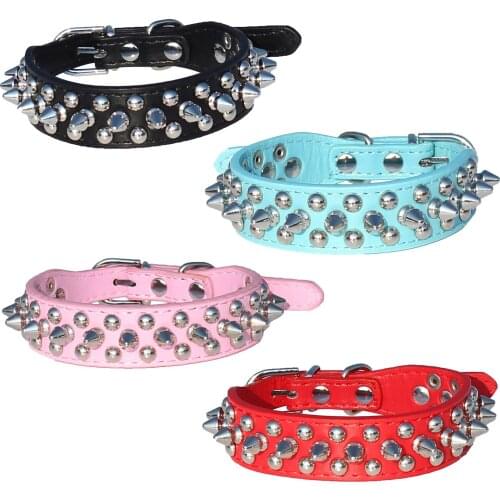 Leather Spiked Studded Dog Collar 1" Wide for Small/X-Small Breeds and Puppies (Black, M: For Neck 8-10")