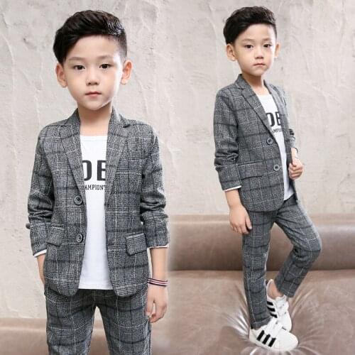 Childrens Clothes Boy Clothing Sets Blazer Suit for Spring & Autumn Fashion Turn Collar Plaid Jacket & Pants Two Piece 2021 New