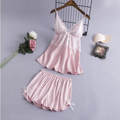 JULYS SONG New Sexy 2 Pieces Women Pajamas Sets Sling Faux Silk Summer Elegant Lace Pajamas Short Pants Set Sleep Home wear