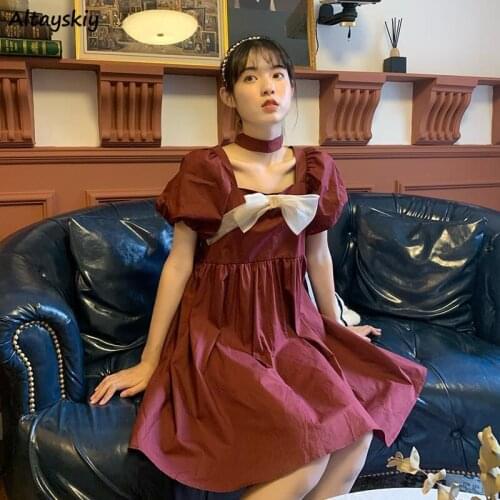 Dresses Womens Puff Sleeve French Style Bow Kawaii Lovely Vintage Retro Above-knee Sweet Girlish Vestidos Loose Summer Female