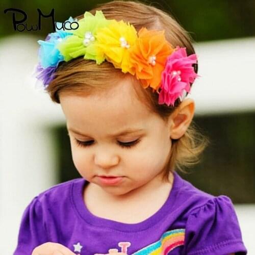 Powmuco Toddler Colorful Mesh Lace Flowers Elastic Hairband Hand Sewing Beads Floral Headband Baby Headwear Party Decoration
