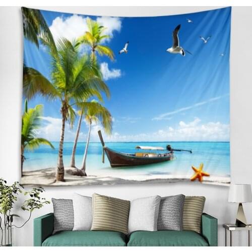 Seaside Boat Landscape Tapestry Art Deco Blanket Curtain Hanging Home Bedroom Living Room Decoration