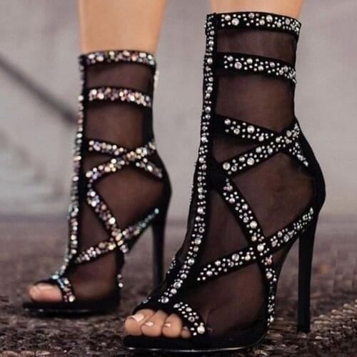 Sexy Black Mesh Peep Toe Stiletto Heel Ankle Boot Crystal Straps Cross High Heel Dress Shoes Rhinestone Party Shoes Drop Shop