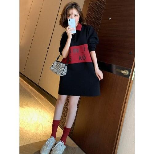 Temperament pointed lapel fashion letter color matching straight silhouette sweater dress women 2020 autumn new