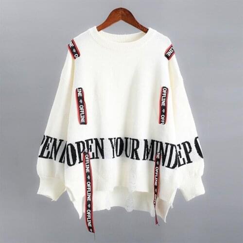 Knitted Women Sweater 2021 new Winter Fashion Women Letter Printed Ribbon Sweater Loose Irregular long sleeve Pullovers