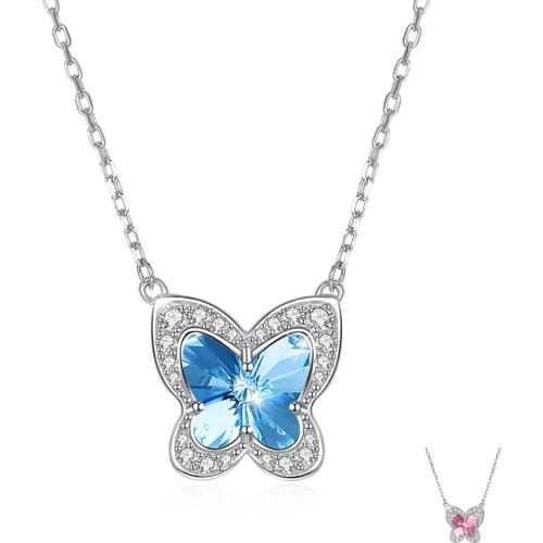 ZEMIOR 925 Sterling Silver Romantic Butterfly Shape Pendant Necklaces Women Austria Crystal Cubic Zirconia Engagement Necklace