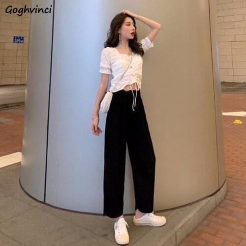 Women Sets Leisure Pleated Button Puff Sleeve Crop Tops Elegant Solid High Waist Wide Leg Pants Loose Stylish New Fashion Female