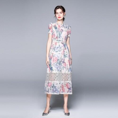2021 Summer Fashion Women Retro Short Sleeve Floral Print Lace Patchwork Mid-Calf Slim A Line Casual OL Midi Dress Vestido