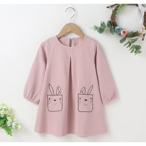 Winter 2021 Girls Dress Girls Long Sleeve O Neck Print Cartoon Rabbit Pink Casual Cute Streetwear Dresses Vestidos 18M-6T