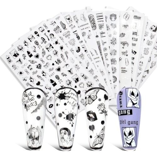 LCJ 1PC Stickers for Nails Designs White Black Flower Leaf Linear Manicure Sliders 3D Nail Art Decorations sticker Decal