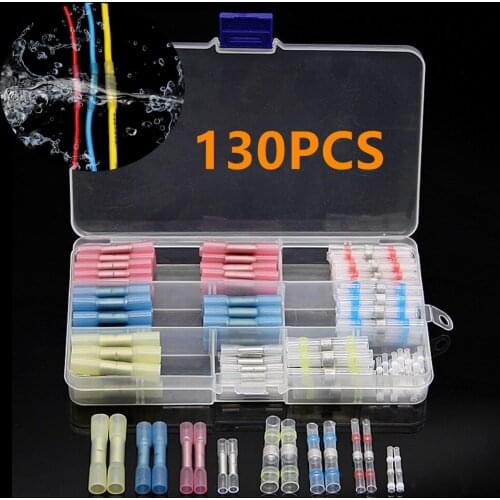 130Pcs Solder Seal Wire Connectors Heat Shrink Butt Wire Connector Insulated Cable Splice Terminal Crimp Terminals Kit
