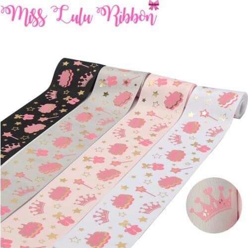 3"75mm Crown Star Ballet Shoes Pink Ink Printing Gold Foil Printed Solid Color Grosgrain Ribbon DIY Gift Bowknot 50yards/roll
