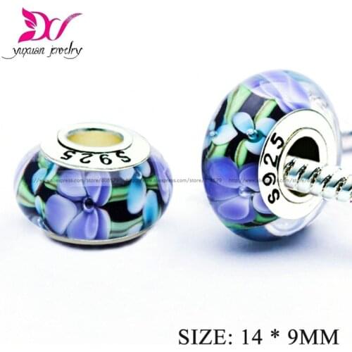 3pcs sterling-silver-jewelry Pretty purple orange pink flowers Murano Glass bead Fit European Charm Bracelets perles en gros