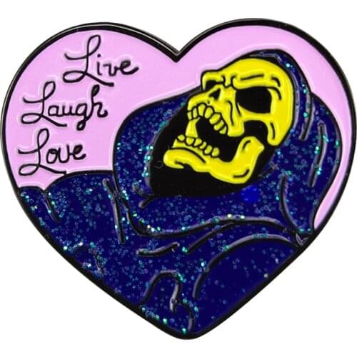 Skeletor Heart Shaped Brooch Live Love Laugh Glitter Pin Master of the Universe He-man Fans Gift Halloween Jewelry