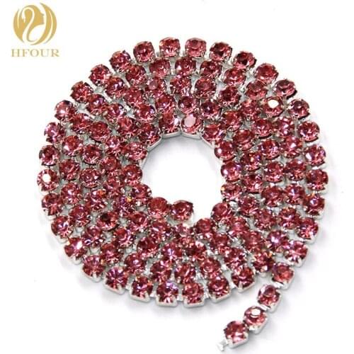 Hot selling 5yard/pack High quality Sliver base Pink glass crystal Rhinestones Cup Chain DIY clothing/Wedding dress Accessories