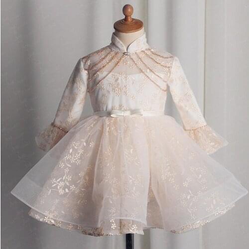 FG86 2Y Little Baby Cute Dress Long Sleeve Girls Dresses For Party And Wedding Birthday Champagne Princess Children Dresses